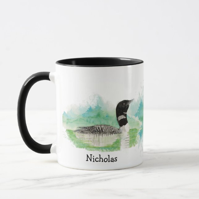 Custom Watercolor Common Loon Bird Wildlife Art Mug (Left)