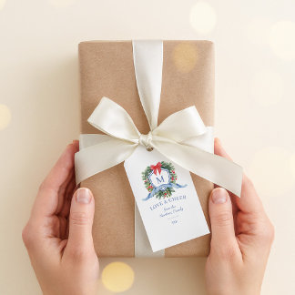 Custom Watercolor Crest with Winter Greenery & Bow Gift Tags
