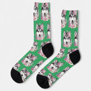 Custom Watercolor Cute Floral Dog Photo Sea Green Socks