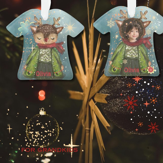 Custom Watercolor Deer Kids Photo Christmas  Ornament (Custom Watercolor Deer Kids Photo Christmas Ornament)