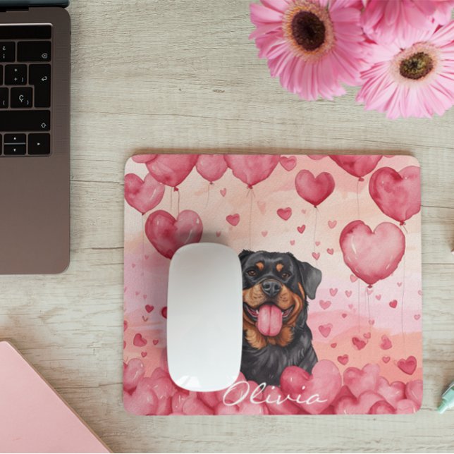 Custom Watercolor Dog Valentine's Day Pink Hearts Mouse Pad (Creator Uploaded)