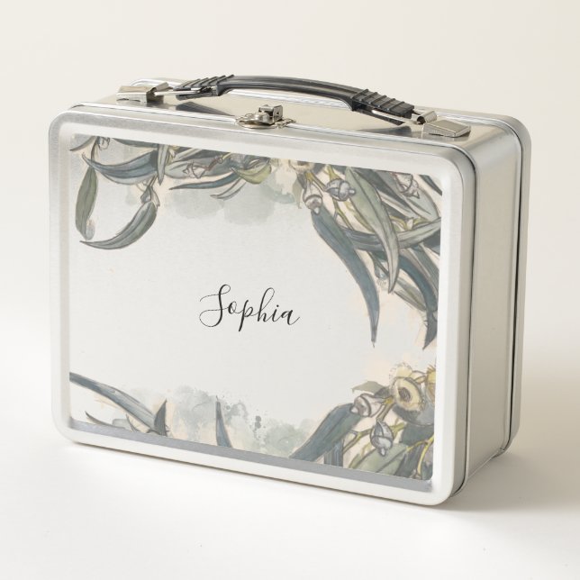 Custom Watercolor Eucalyptus Leaves Greenery  Metal Lunch Box (Front)