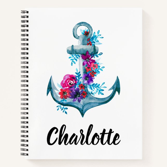 Custom Watercolor Floral Anchor Illustration Notebook (Front)