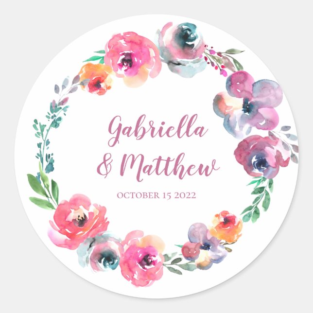 Custom Watercolor Flowers Modern Elegant Wedding Classic Round Sticker (Front)