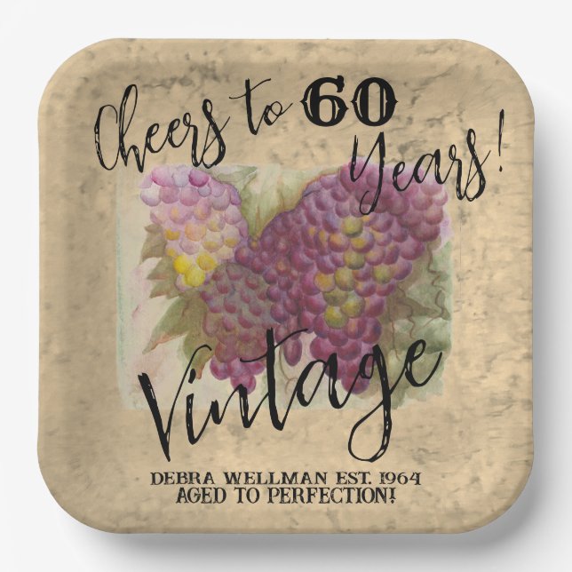 Custom watercolor grape cluster Wine Country 60th Paper Plate (Front)
