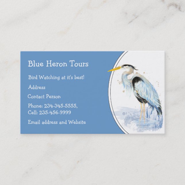 Custom Watercolor Great Blue Heron Bird Business Card (Front)