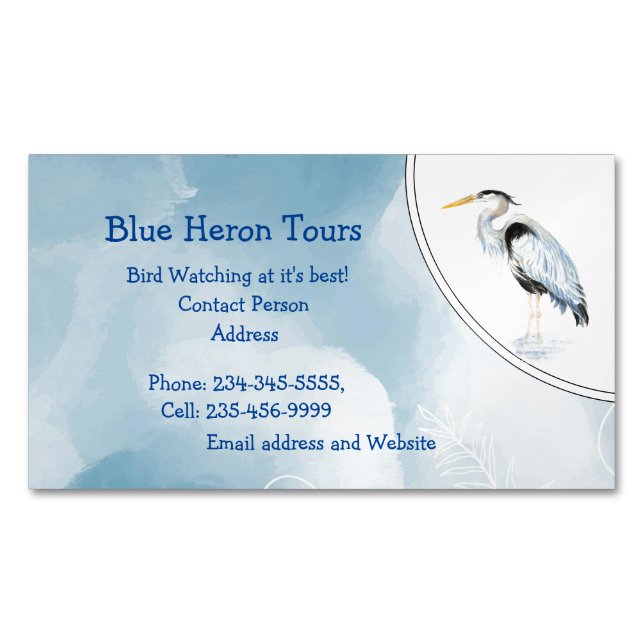 Custom Watercolor Great Blue Heron Bird  Magnetic Business Card (Front)