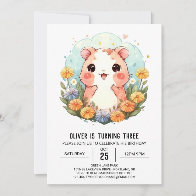 Custom Watercolor Hamster Birthday Invitation (Front)