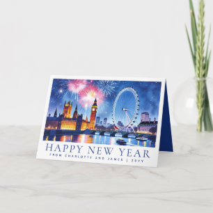 Custom Watercolor Happy New Year London Fireworks Holiday Card