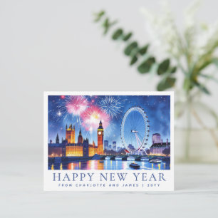 Custom Watercolor Happy New Year London Fireworks Postcard
