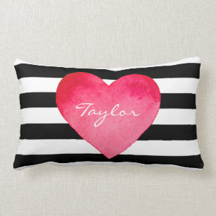 CUSTOM WATERCOLOR HEART ON BLACK AND WHITE STRIPES LUMBAR PILLOW