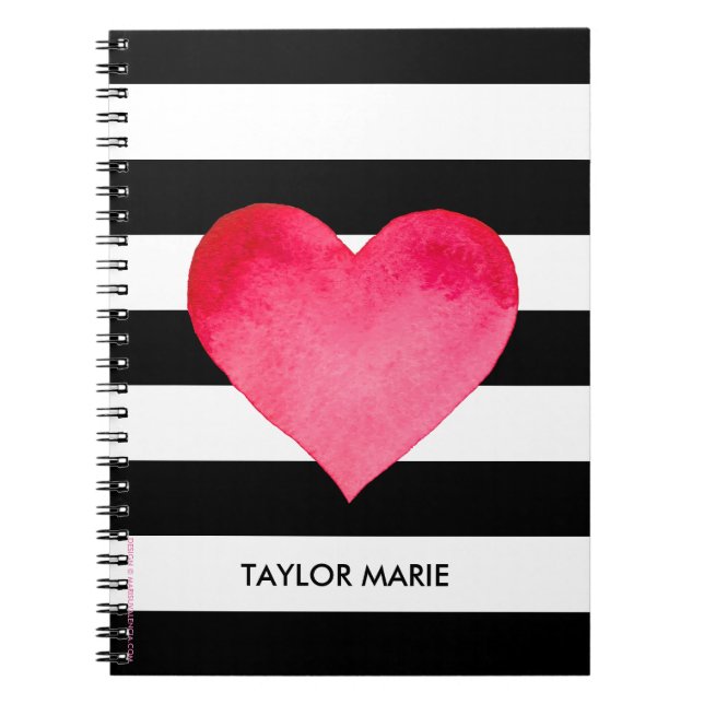 CUSTOM WATERCOLOR HEART ON BLACK AND WHITE STRIPES NOTEBOOK (Front)