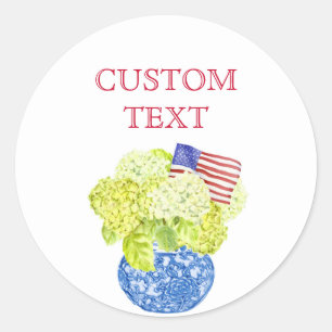 Custom Watercolor Hydrangea American Flag Classic Round Sticker