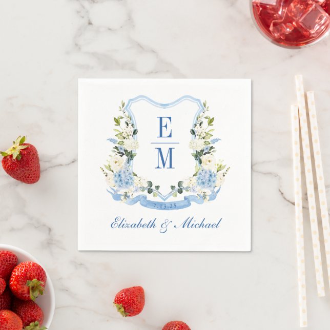 Custom Watercolor Hydrangea Floral Crest Wedding Napkin (Insitu)