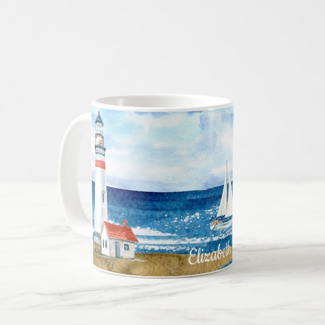 Custom Watercolor Lighthouse Sailboat Beach Coffee Mug (Front Left)