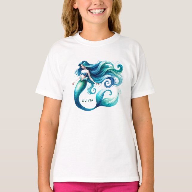 Custom Watercolor Mermaid Personalized Girl T-Shirt (Front)