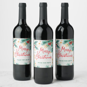 Custom Watercolor Merry Christmas Elegant Leaves  Wine Label