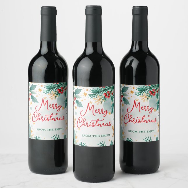 Custom Watercolor Merry Christmas Elegant Leaves  Wine Label (Bottles)