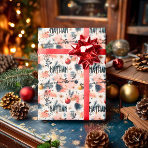 Custom Watercolor Ornaments and Pine Christmas Wrapping Paper