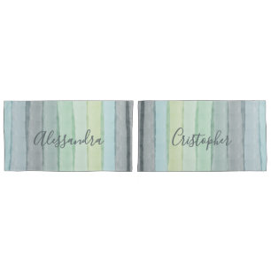 Custom Watercolor Pastel Retro Stripes Blue Green Pillowcase