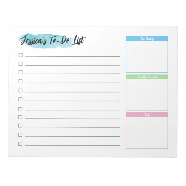 Custom Watercolor Personalized To do list  Notepad (Front)