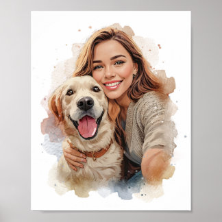 Custom Watercolor Pet & Owner Portrait from Photo Poster