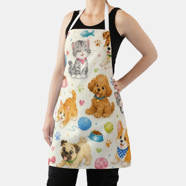 Custom Watercolor Playful Pets Cartoon Pattern  Apron (Insitu)