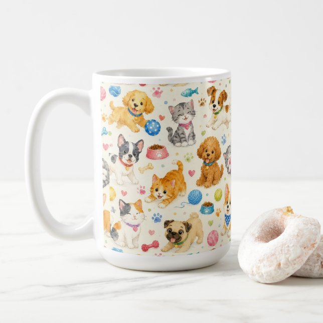 Custom Watercolor Playful Pets Cartoon Pattern Mug (With Donut)