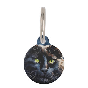 Custom Watercolor Portrait Black Cat Green Eyes  Pet Tag