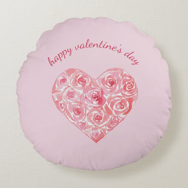 Custom Watercolor Rose Heart Valentine's Day Round Pillow (Front)
