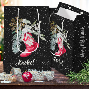 Custom Watercolor Script Elegant Stocking Christma Medium Gift Bag
