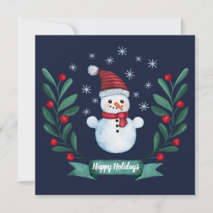 Custom Watercolor Snowman Christmas Card Navy Blue