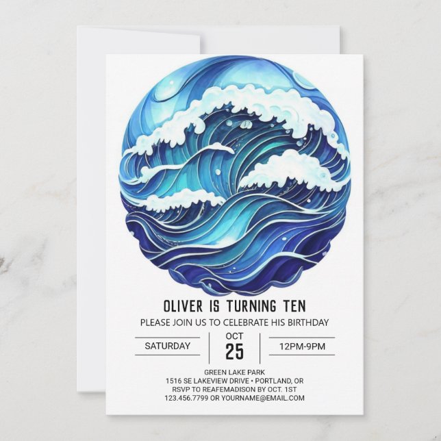  Custom Watercolor Waves Kids Birthday Invitation (Front)