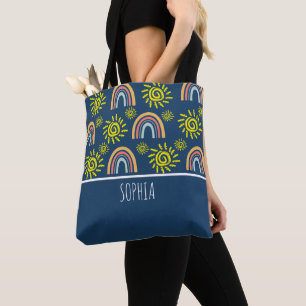 Custom Watercolor Whimsical Boho Rainbow and Sun  Tote Bag