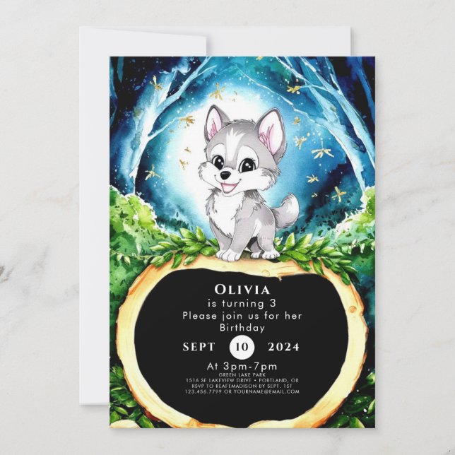 Custom Watercolor Wolf Birthday Invitation (Front)