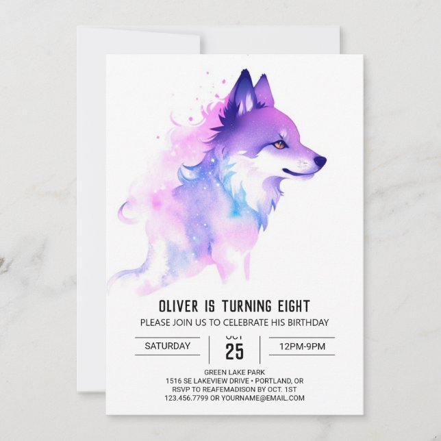 Custom Watercolor Wolf Birthday Invitation (Front)