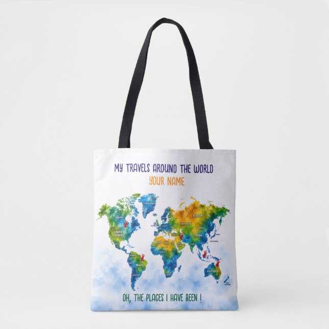 Custom Watercolor World Map Shoulder Tote Bag (Front)