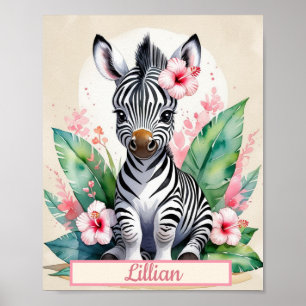 Custom Watercolor Zebra Baby Girl Nursery Art Poster