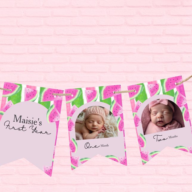 Custom Watermelon 1st Birthday 12 Photo Bunting Flags (Custom Watermelon 1st Birthday 12 Photo Bunting Flags)