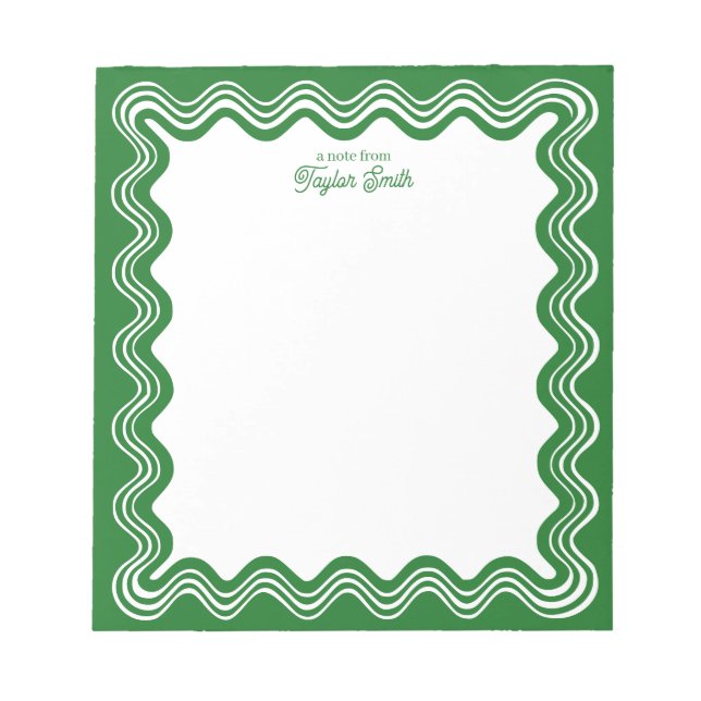 Custom Wavy Border Green & White Personalized Name Notepad (Front)
