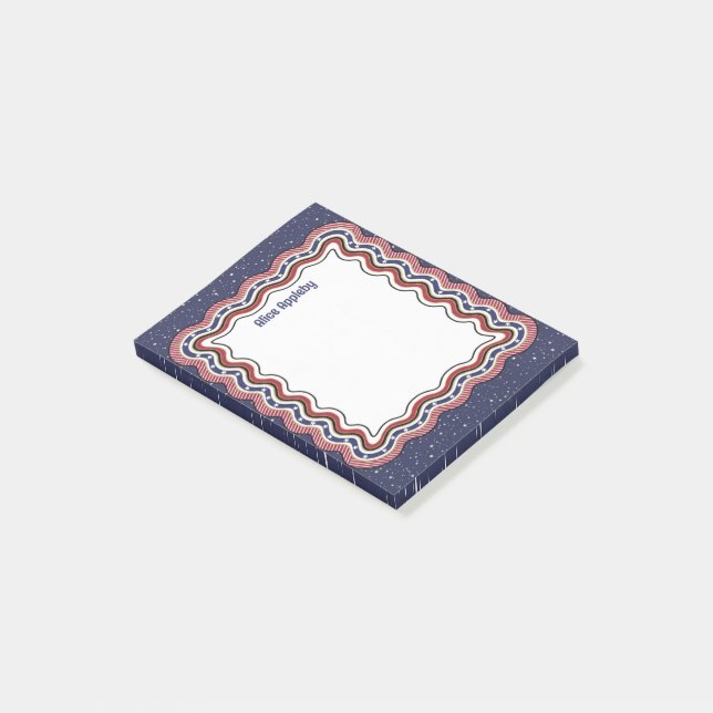 Custom Wavy Border Red White Blue: Personalized Post-it Notes (Angled)