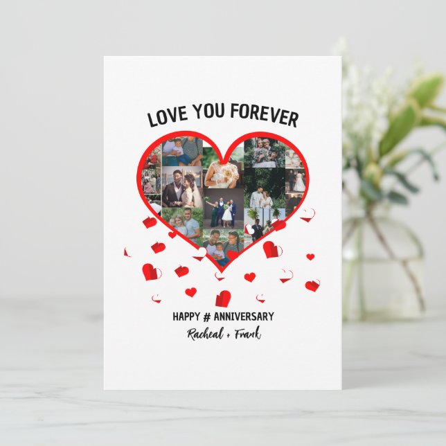 Custom Wedding Anniversary Heart Photo Collage Holiday Card (Standing Front)
