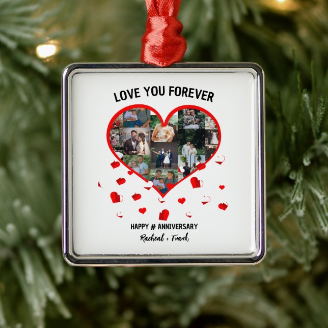 Custom Wedding Anniversary Heart Photo Collage Metal Ornament (Tree)
