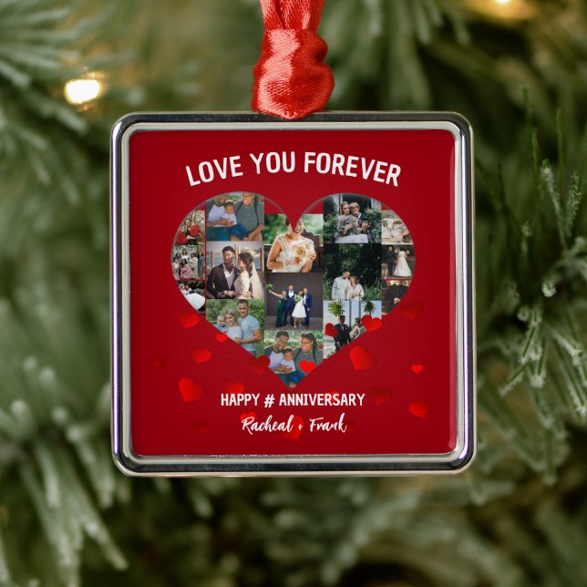 Custom Wedding Anniversary Heart Photo Collage Metal Ornament (Tree)