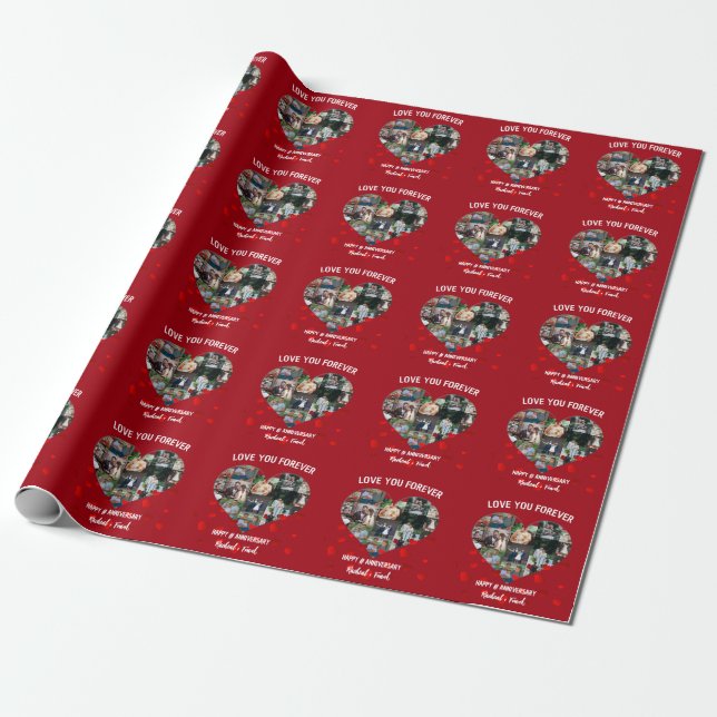 Custom Wedding Anniversary Heart Photo Collage Wrapping Paper (Unrolled)