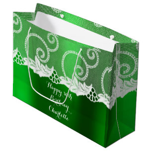 Custom Wedding Birthday Emerald Greenly White Lace Large Gift Bag