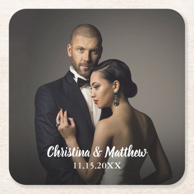 Custom Wedding Bride and Groom's Photo Square Paper Coaster (Front)