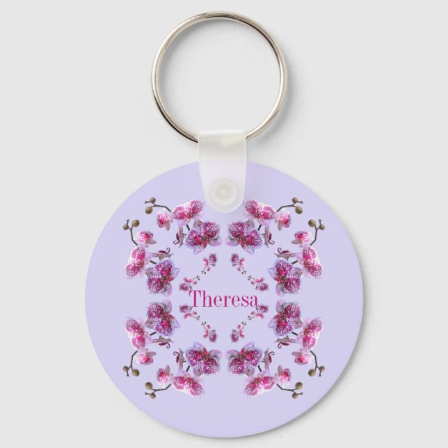 Custom Wedding Bridesmaid Gift Name Orchids Keychain (Front)