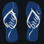 Custom Wedding Colours Bride Flip Flops Navy Blue<br><div class="desc">Elegant white "bride" with editable colour background. This template shows navy blue. Click "Customize It" and use the swatches on the right to change the background colour. The eyedropper tool gives you even more swatches, and "advanced" link opens the entire spectrum. You can also copy and paste a hex value...</div>