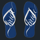 Custom Wedding Colours Bride Flip Flops Navy Blue<br><div class="desc">Elegant white "bride" with editable colour background. This template shows navy blue. Click "Customize It" and use the swatches on the right to change the background colour. The eyedropper tool gives you even more swatches, and "advanced" link opens the entire spectrum. You can also copy and paste a hex value...</div>
